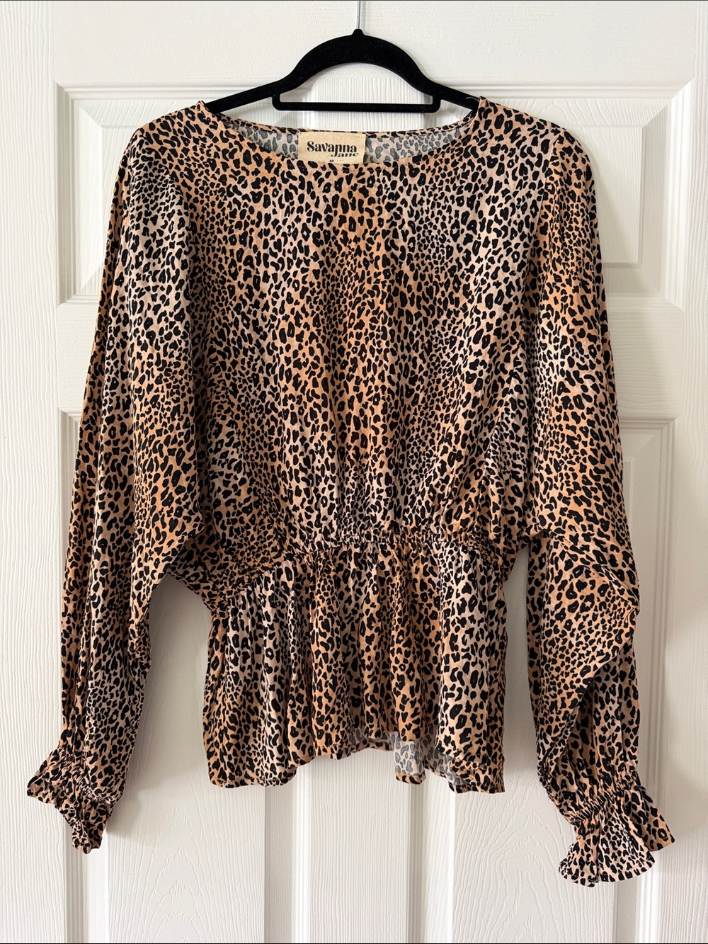 Savanna Jane Leopard-Print Peplum Blouse in Tan and Black